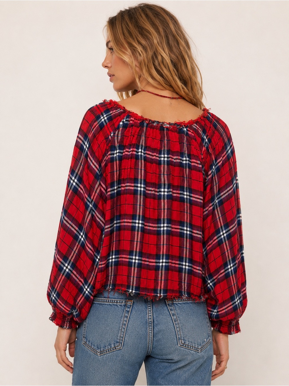 🌺 Free People We The Free Plaid Peasant Top - Picture 2 of 4